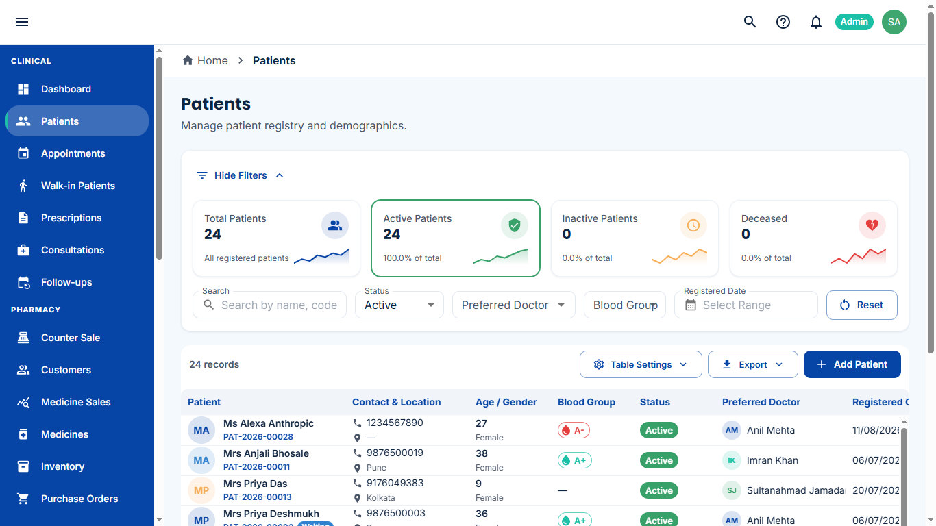 Patient registry with filters, status and preferred doctor columns