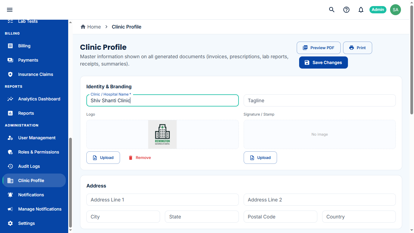 Clinic profile settings with identity, branding and address